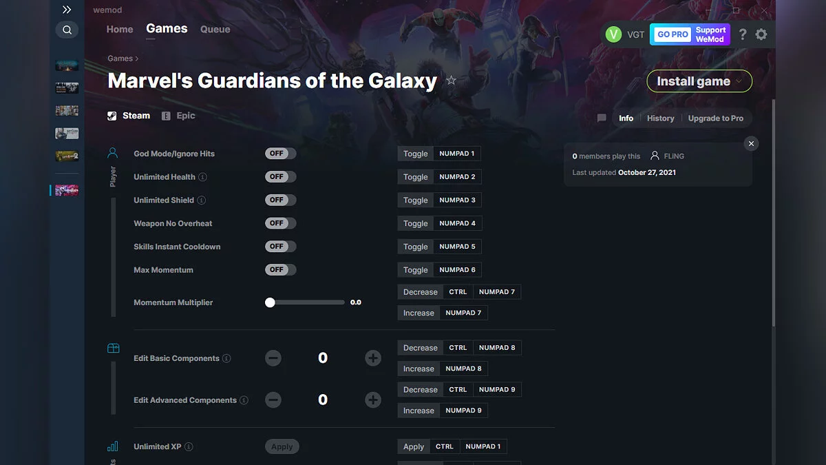 Marvel&#039;s Guardians of the Galaxy — Трейнер (+16) от 27.10.2021 [WeMod]