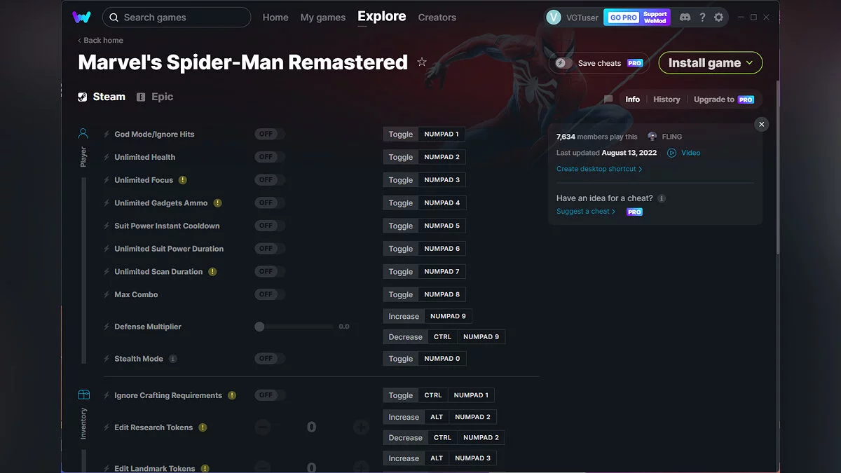 Marvel's Spider-Man Remastered — Трейнер (+27) от 13.08.2022 [WeMod]