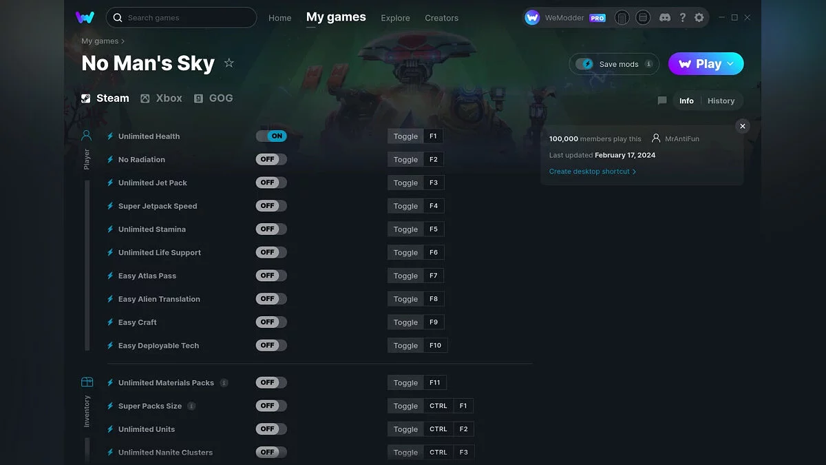 No Man's Sky — Трейнер (+27) от 17.02.2024 [WeMod]