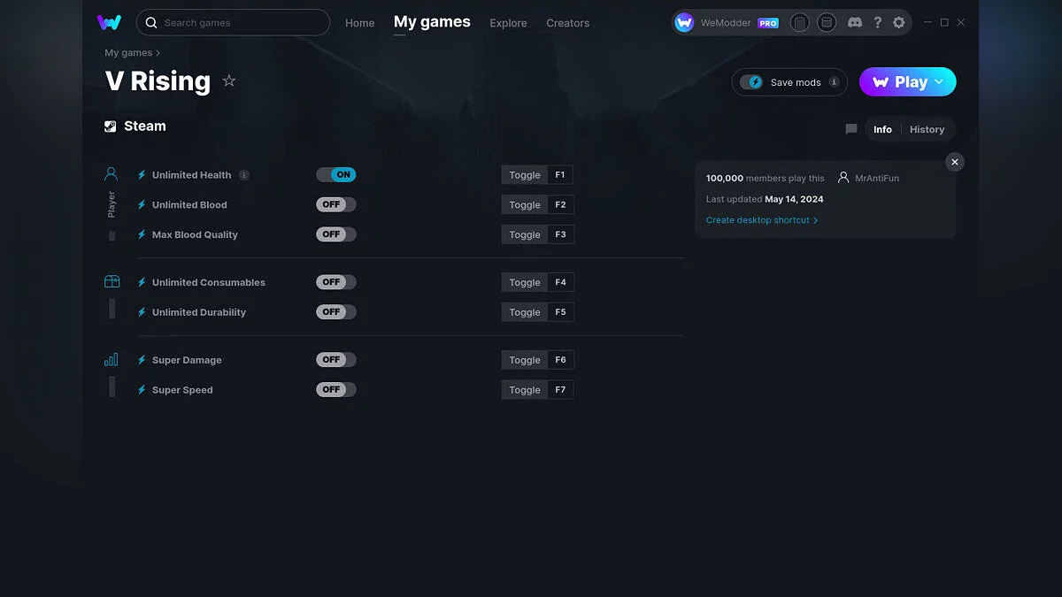 V Rising — Трейнер (+7) от 14.05.2024 [WeMod]