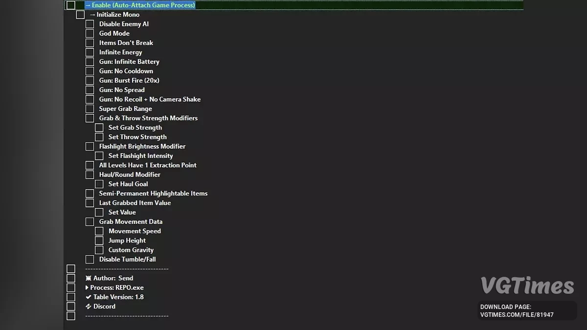 R.E.P.O. — Таблица для Cheat Engine [UPD: 01.04.2025]