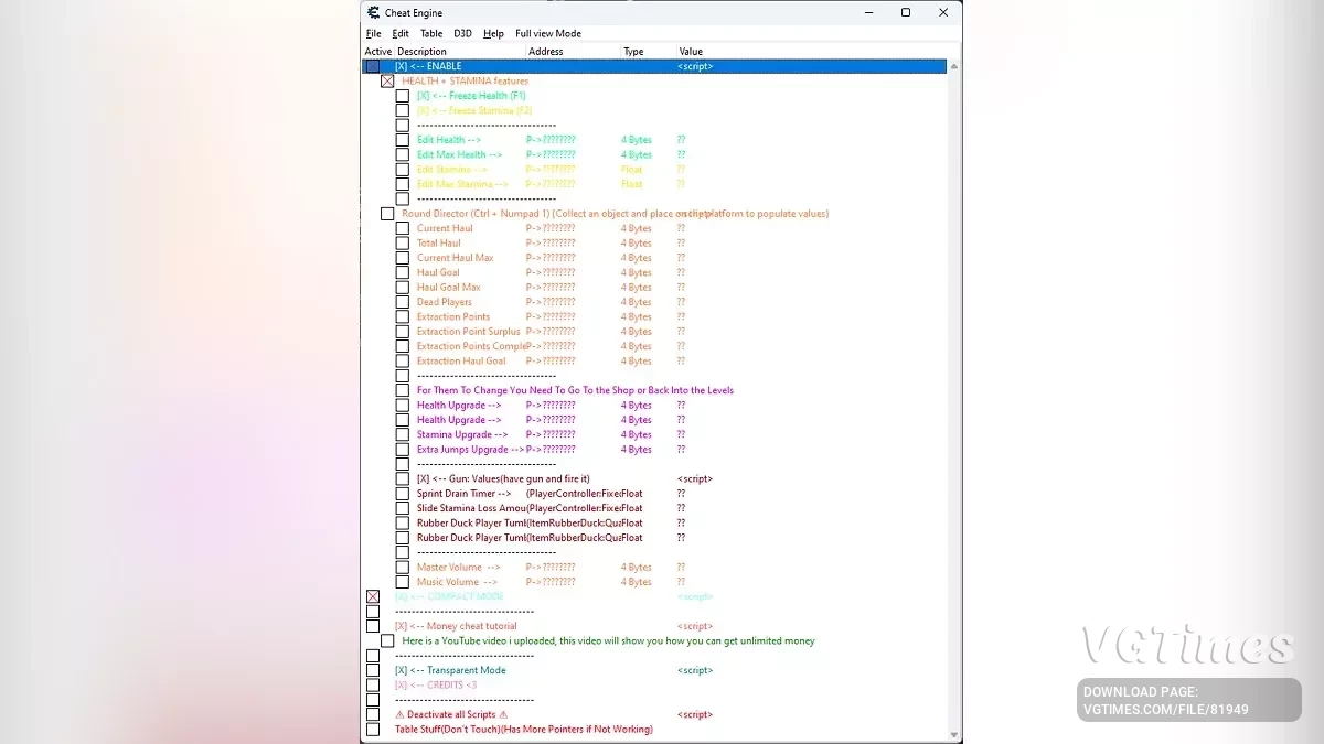 R.E.P.O. — Таблица для Cheat Engine [UPD: 01.04.2025]
