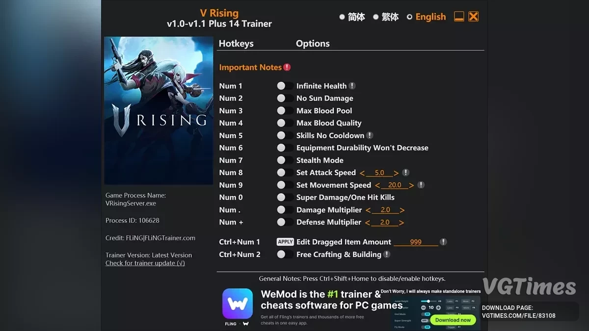 V Rising — Трейнер (+14) [1.0 - 1.1]
