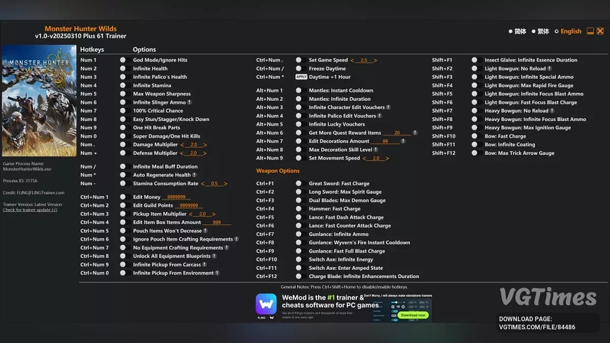 Monster Hunter Wilds — Трейнер (+61) [1.0 - 16.06.2025]