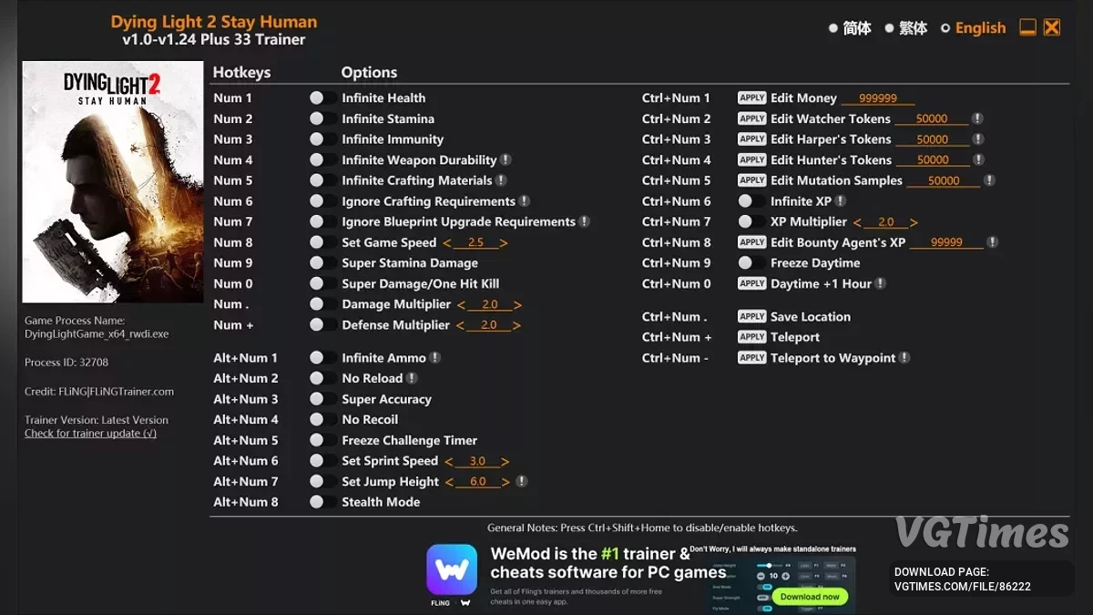 Dying Light 2 Stay Human — Трейнер (+33) [1.24] [2025.08.20]
