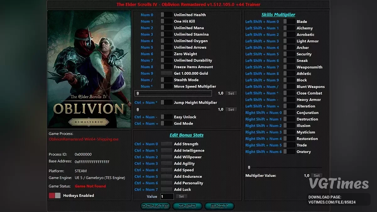 The Elder Scrolls 4: Oblivion Remastered — Трейнер (+44) [1.512.105.0]