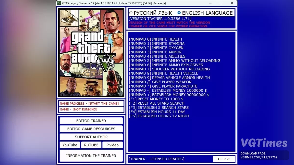 GTA 5 — Трейнер (+19) [Ver 1.0.3586.1.71 / Update 05.10.2025]