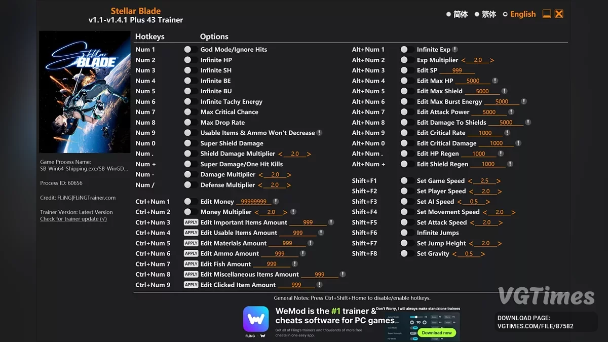Stellar Blade — Трейнер (+43) [1.1 - 1.4.1]