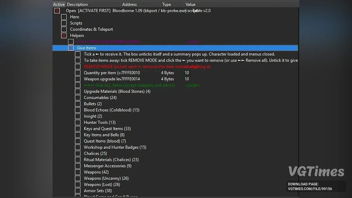 Bloodborne — Таблица для Cheat Engine v2.1 (bbport / v1.09 CUSA03173)