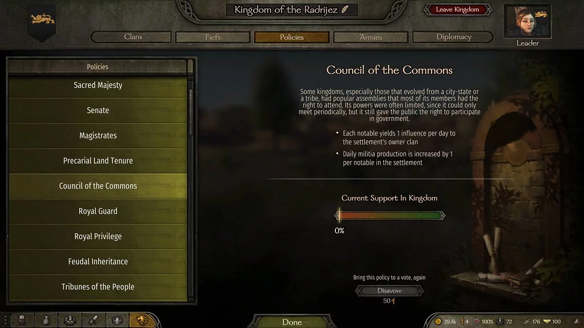 Как повысить влияние (Influence) в Mount &amp; Blade 2: Bannerlord