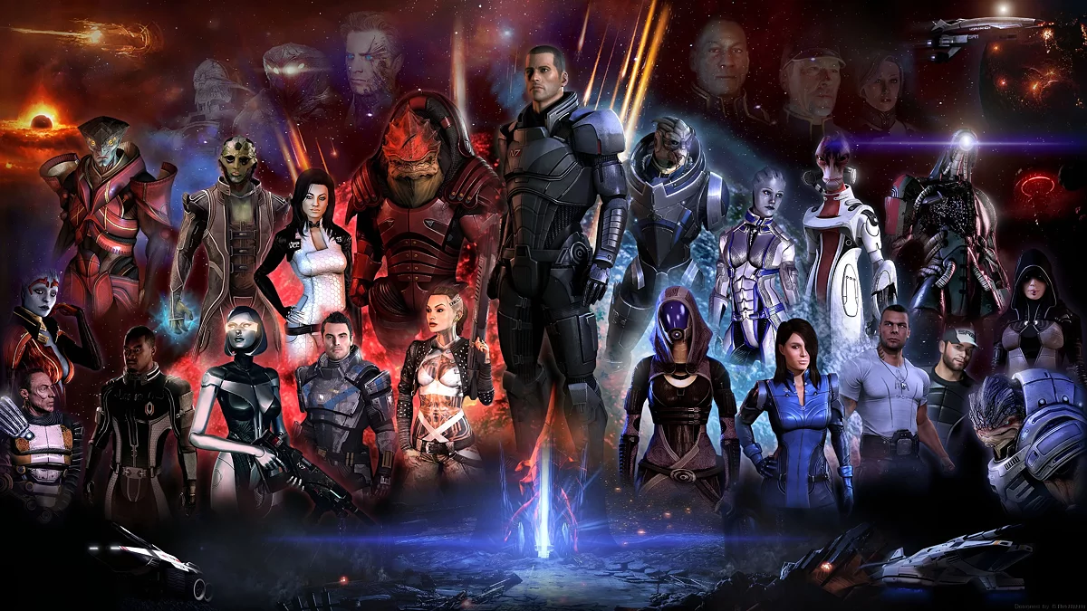 Ключевые персонажи трилогии Mass Effect. В центре — капитан Шепард, главный герой первых трёх частей серии
