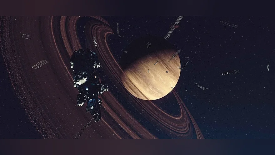 Корабль Starfield у кольцевой планеты