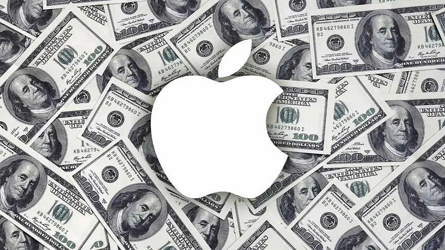 Логотип Apple на фоне долларов