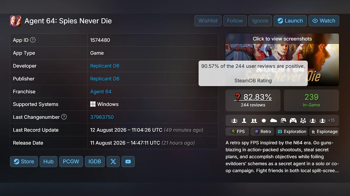 Рейтинг Agent 64: Spies Never Die в Steam