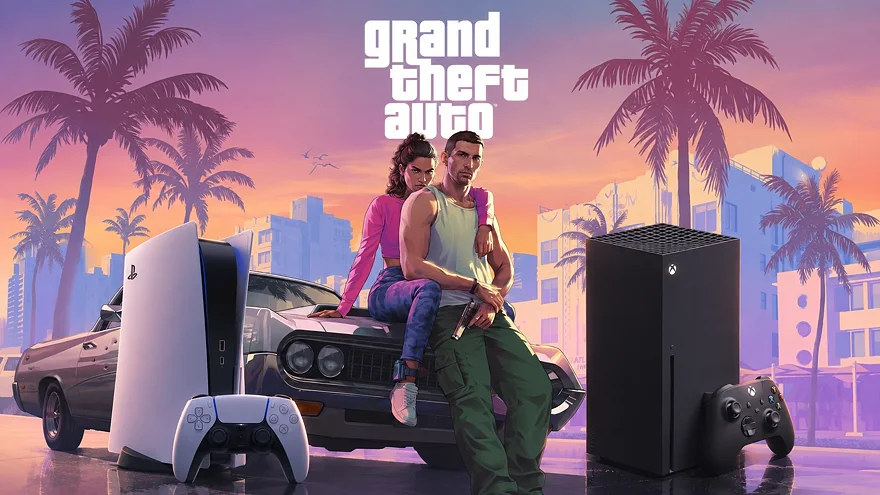 Персонажи GTA VI на фоне Майами с консолями