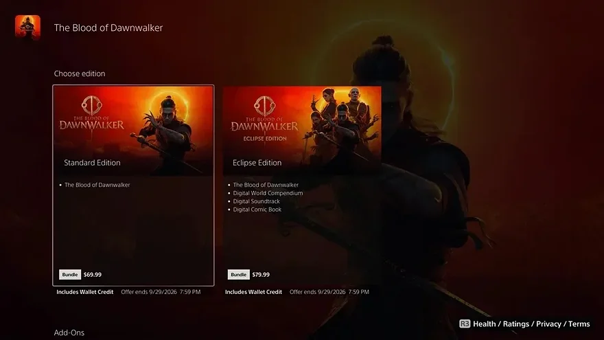 Выбор издания игры The Blood of Dawnwalker в PS Store